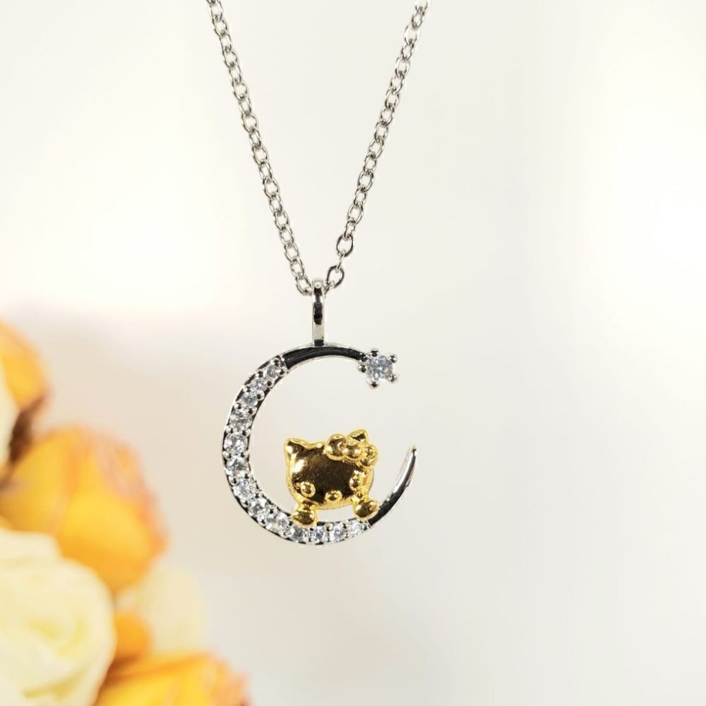 Brand New Silver Rhinestone With Gold Hello Kitty Necklace